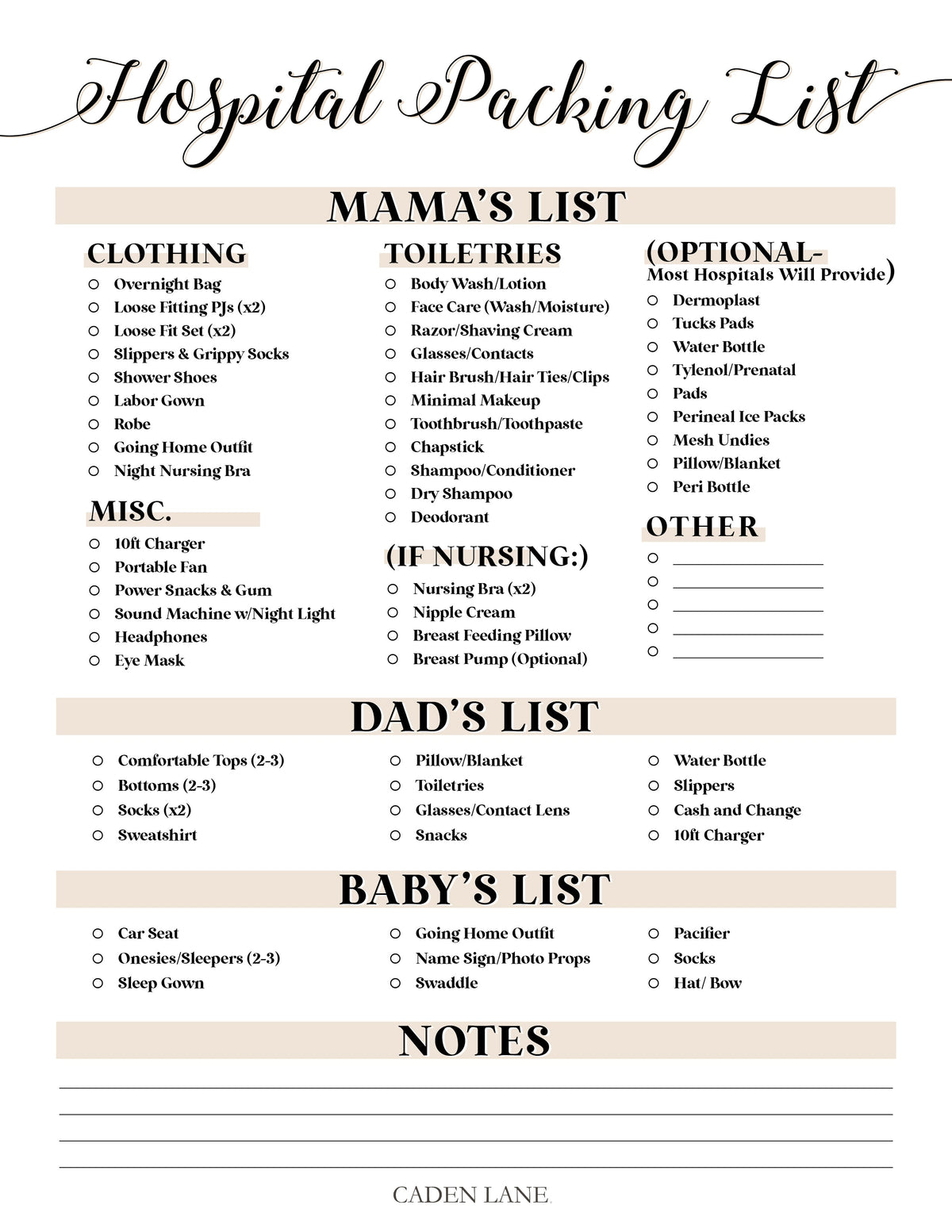 Hospital Bag Checklist - Free Digital Download