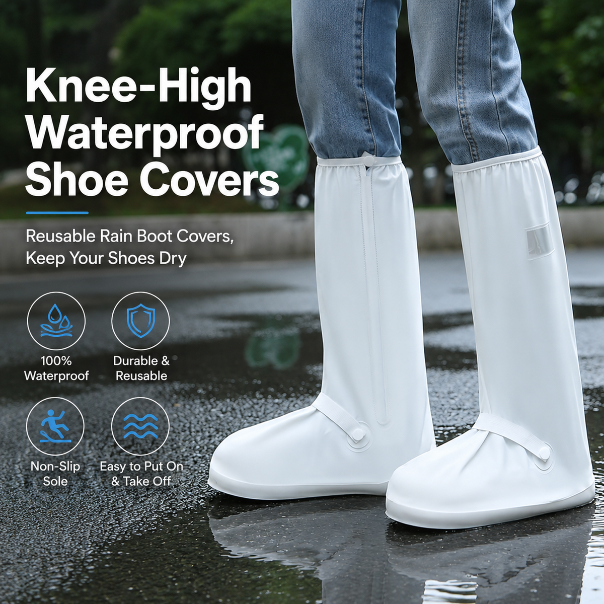 Reusable Knee-High Waterproof Rain Shoe Covers Non-Slip Boot Protectors