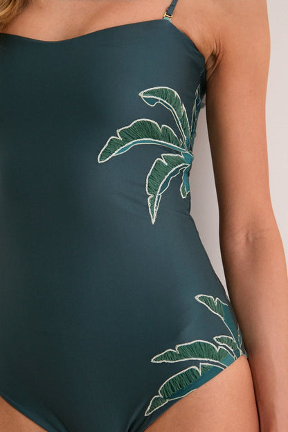 Aquamarine Palms Esteros hand Embroidered One Piece