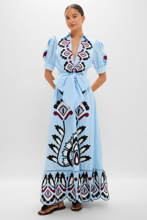 Blue Artisanal Short Sleeve Maxi Dress