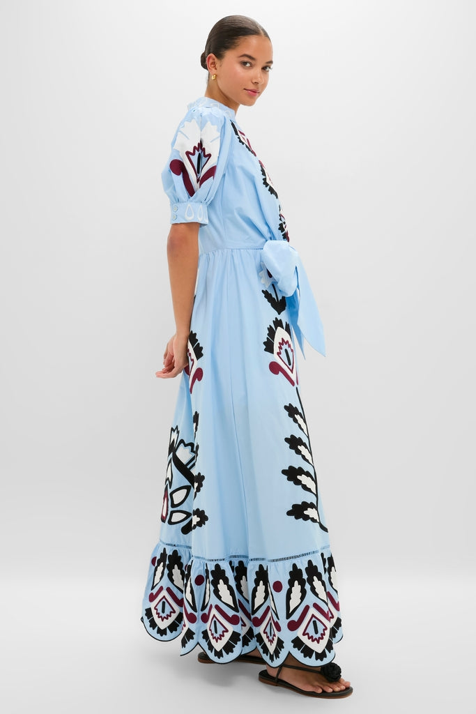 Blue Artisanal Short Sleeve Maxi Dress