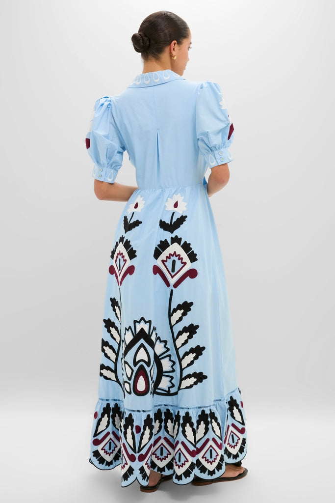Blue Artisanal Short Sleeve Maxi Dress
