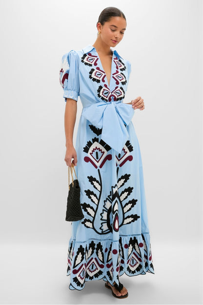 Blue Artisanal Short Sleeve Maxi Dress