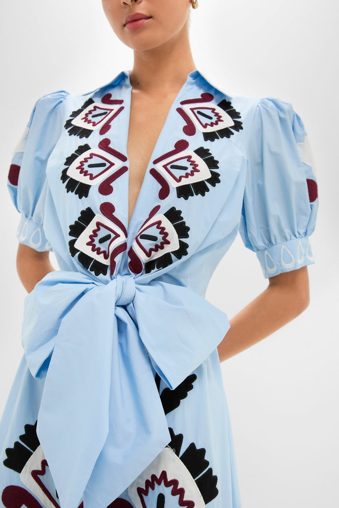 Blue Artisanal Short Sleeve Maxi Dress