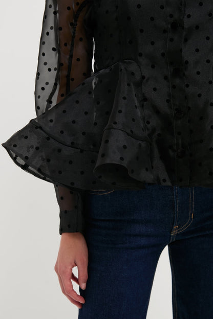Black Flocked Organza Peplum Shirt