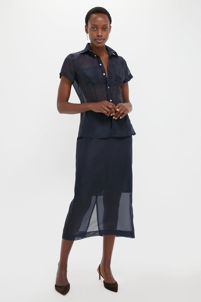 Atlantic Silk Organza Woven Midi Pencil Skirt