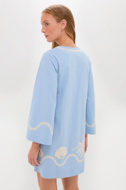 Blue Seersucker Embroidered Marcelle Dress