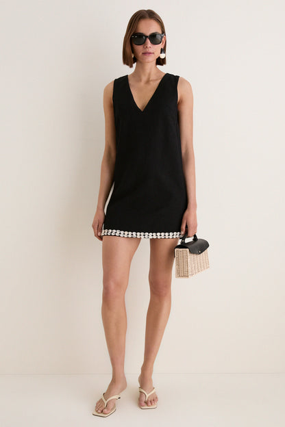 Black & Puka Shell Trim Solene Mini Dress