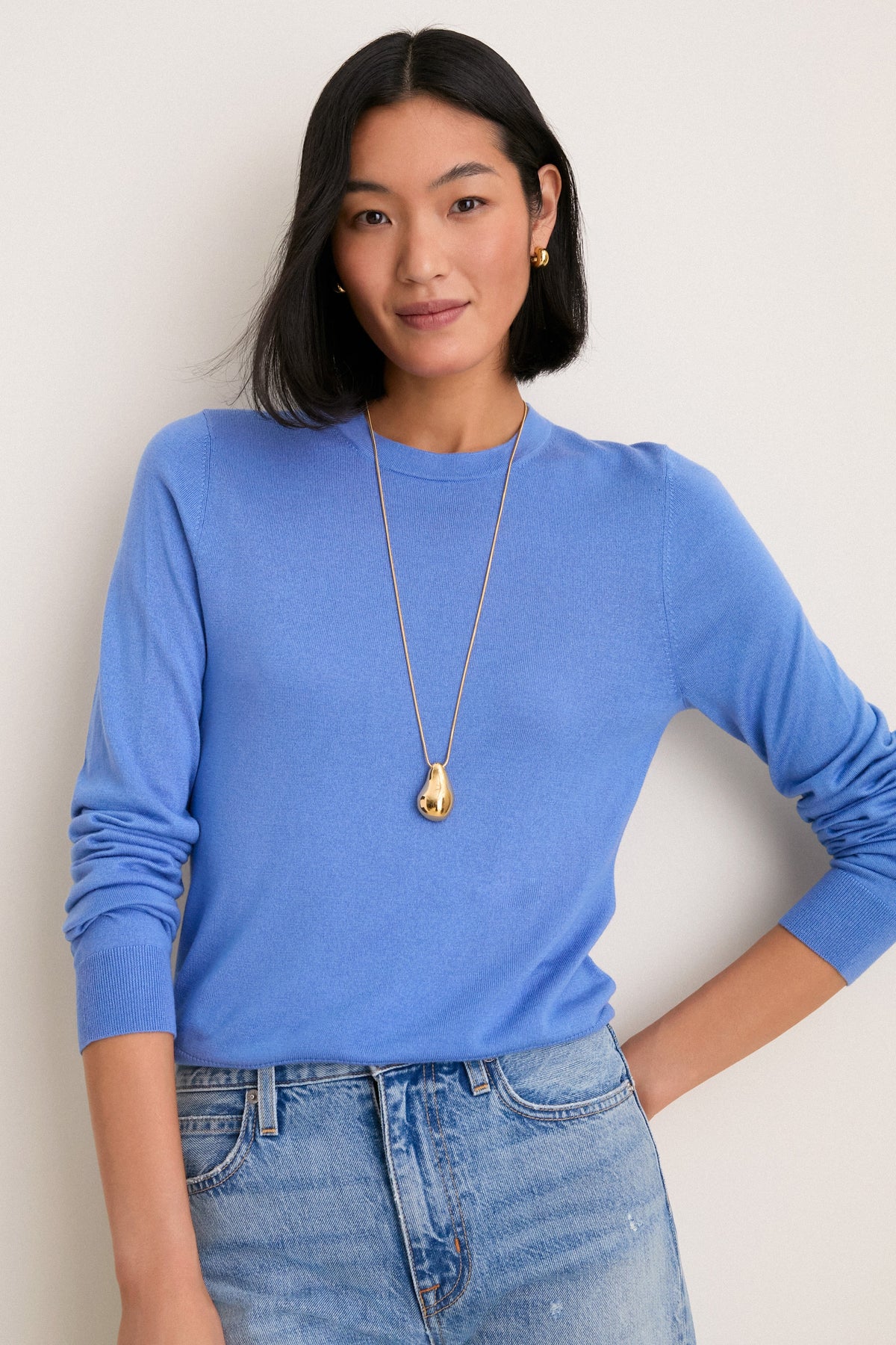 Allure Blue Cashmere Silk Long Sleeve Katie Tee