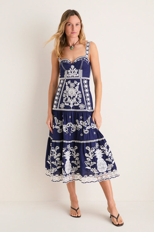 Blue and White Richilieu Midi Dress