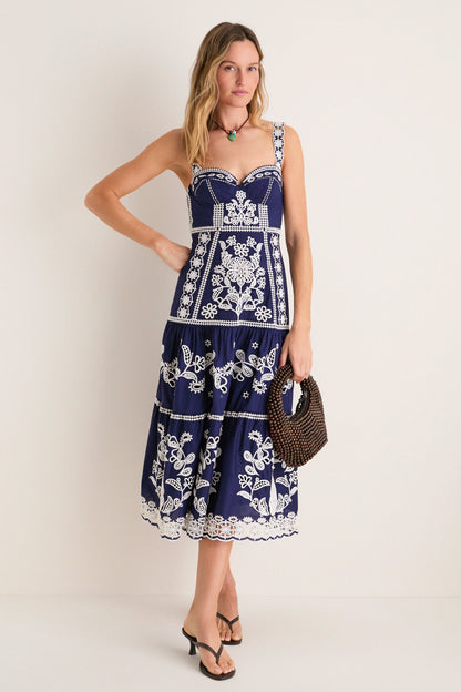Blue and White Richilieu Midi Dress