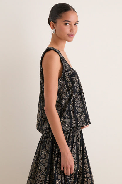 Black and Cream Token Floral Victorian Pleat Tank
