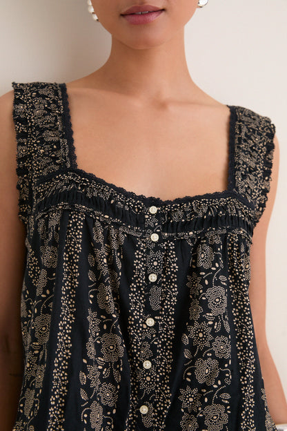 Black and Cream Token Floral Victorian Pleat Tank