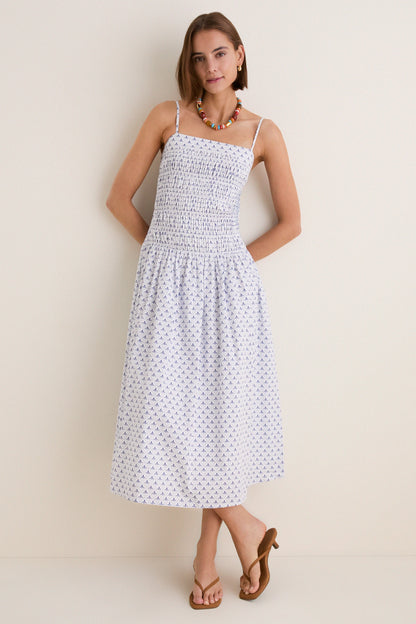Blue & White Ditsy Tile Smocked Keeley Maxi Dress