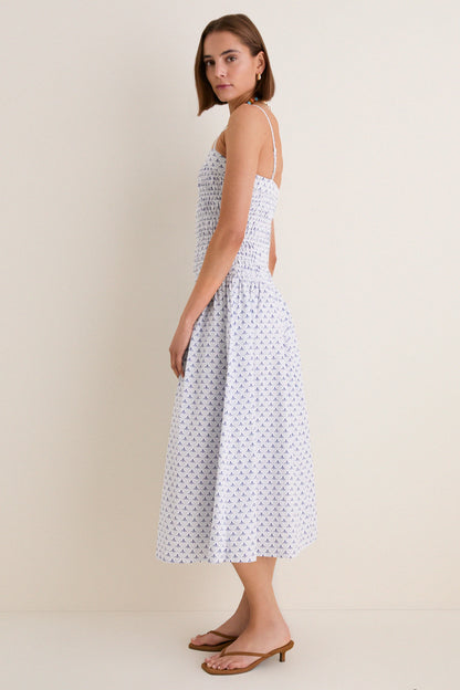Blue & White Ditsy Tile Smocked Keeley Maxi Dress