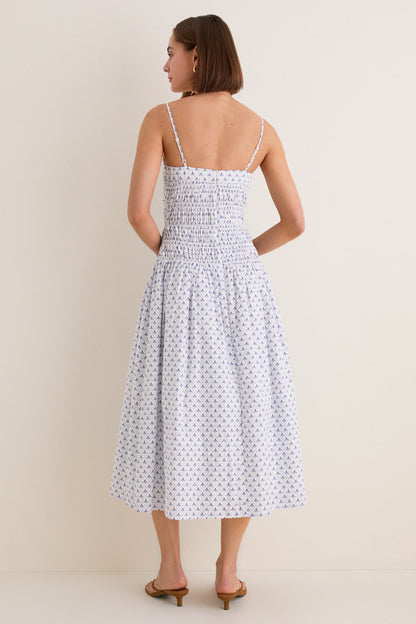 Blue & White Ditsy Tile Smocked Keeley Maxi Dress