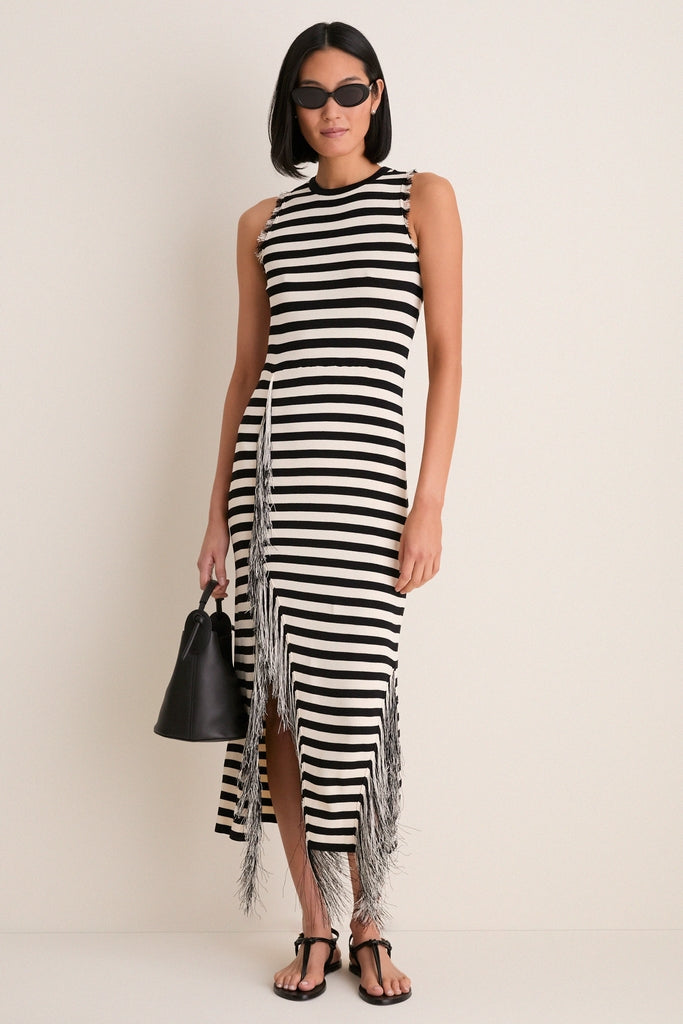 Black and White Stripe Sabine Fringe Knit Dress