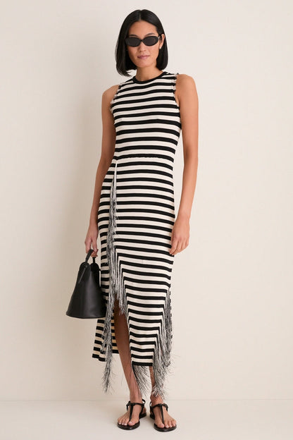 Black and White Stripe Sabine Fringe Knit Dress