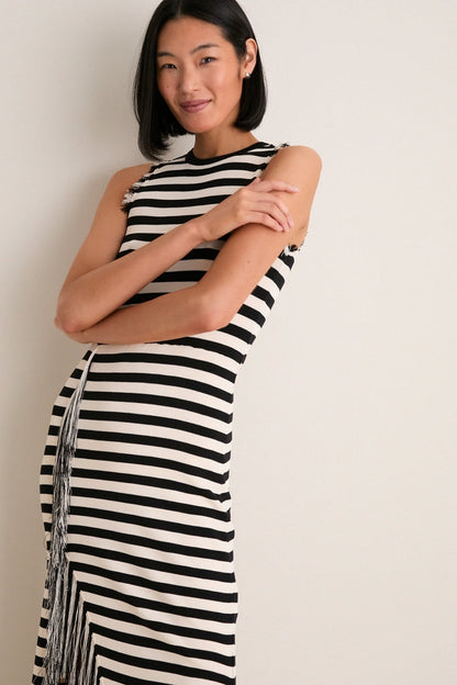 Black and White Stripe Sabine Fringe Knit Dress