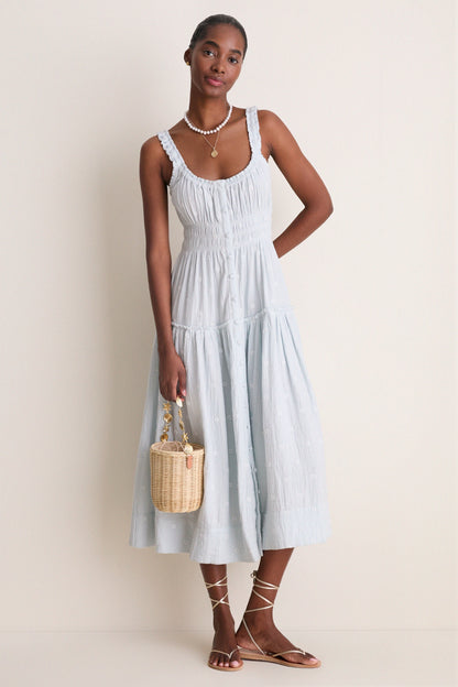 Blue Gauze Daisy Embroidered Landis Midi Dress