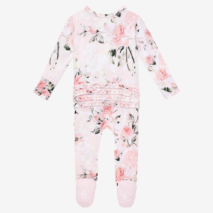 Vintage Pink Rose Footie Ruffled Zippered One Piece