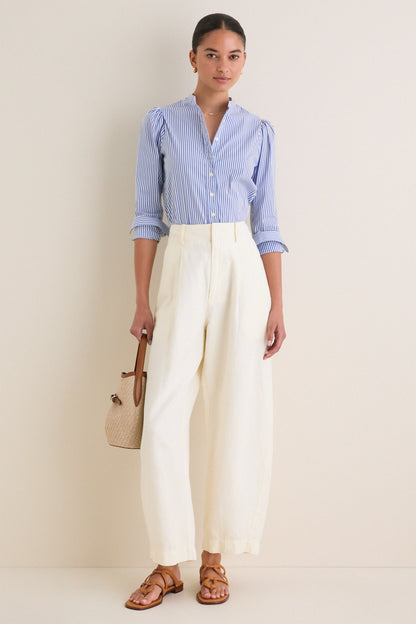 Blue and White Stripe Puffed Shoulder Shirt