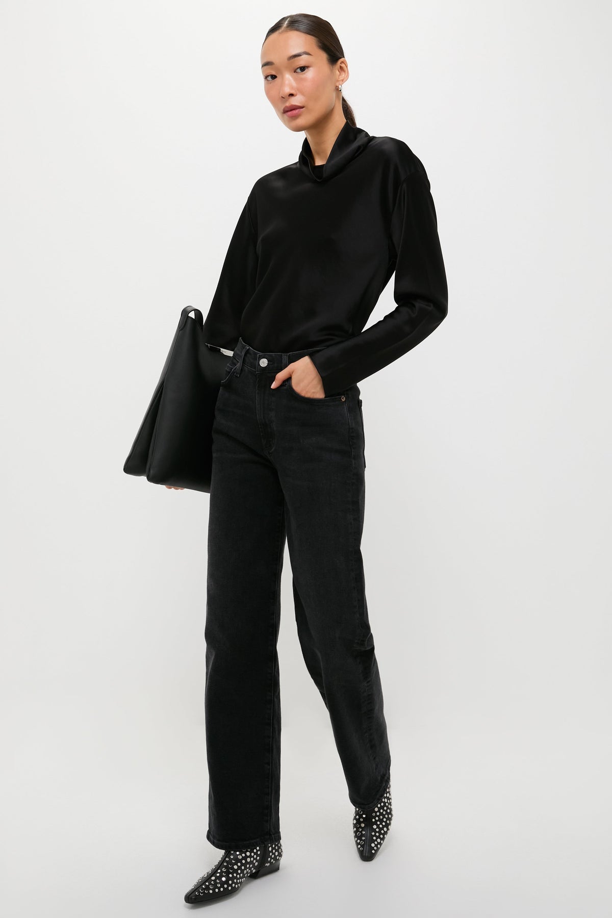Black Barb Long Sleeve Cowl Neck Shirt