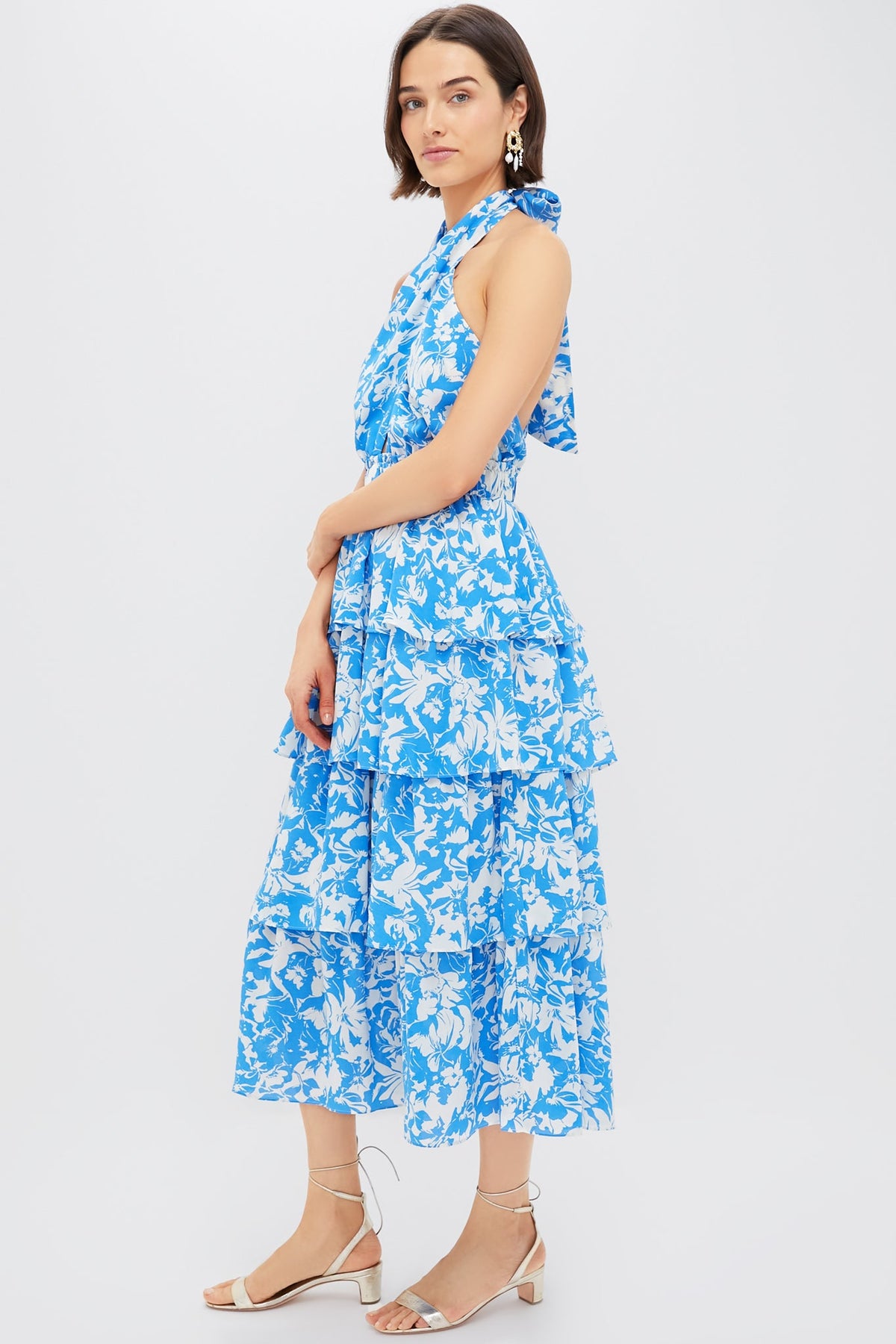 Blue & White Floral Halter Neck Jenny Midi Dress