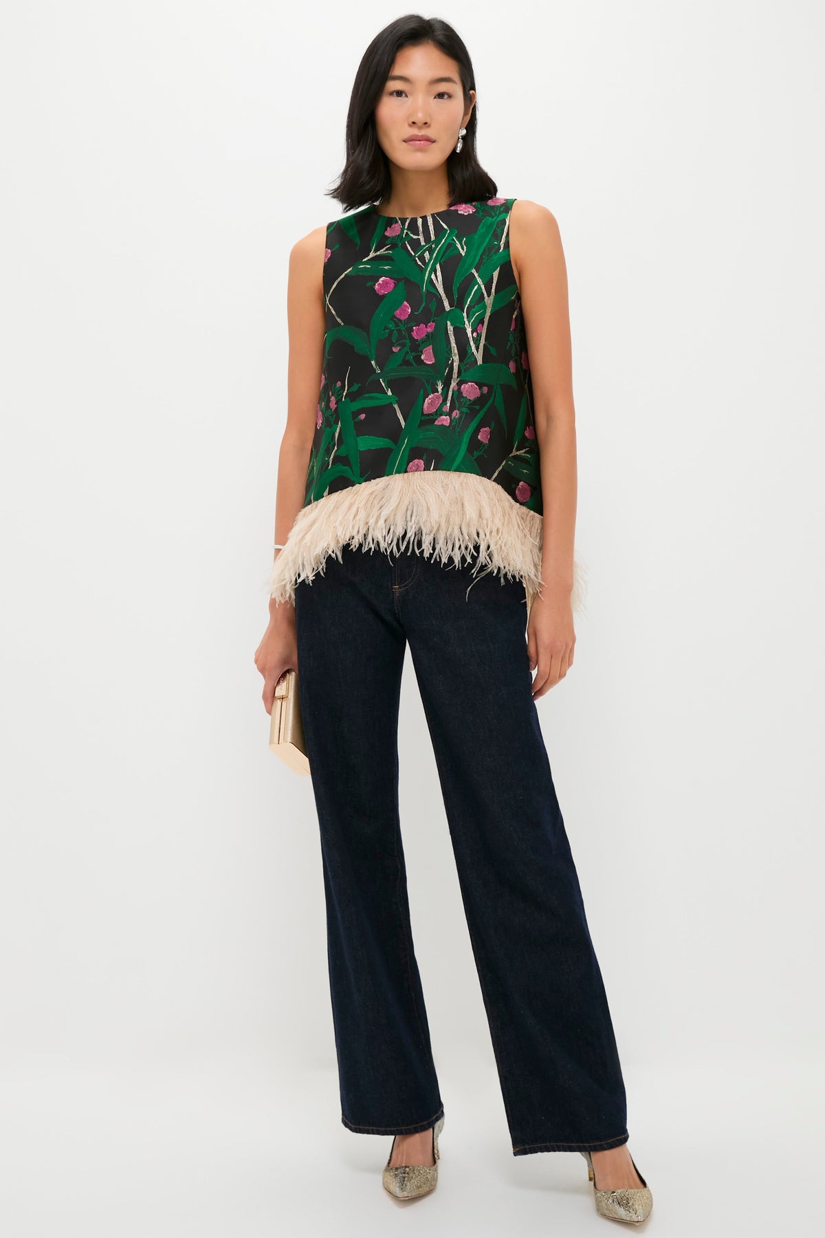 Bamboo Jacquard La Scala Top with Feathers