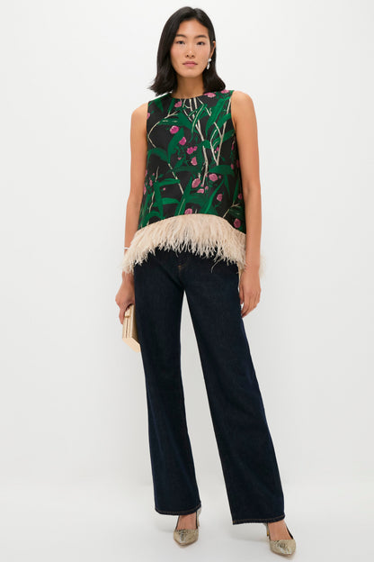 Bamboo Jacquard La Scala Top with Feathers