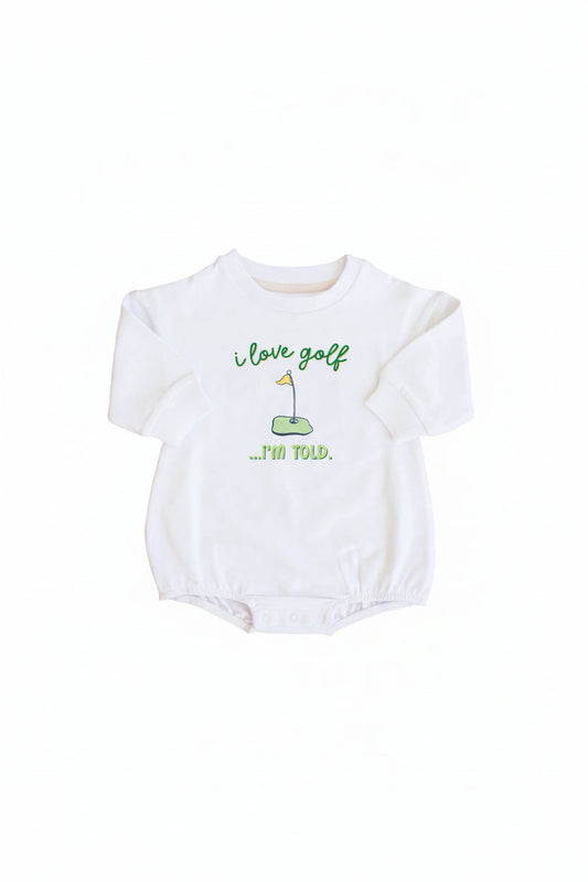 I Love Golf Graphic Sweatshirt Bubble Romper | White