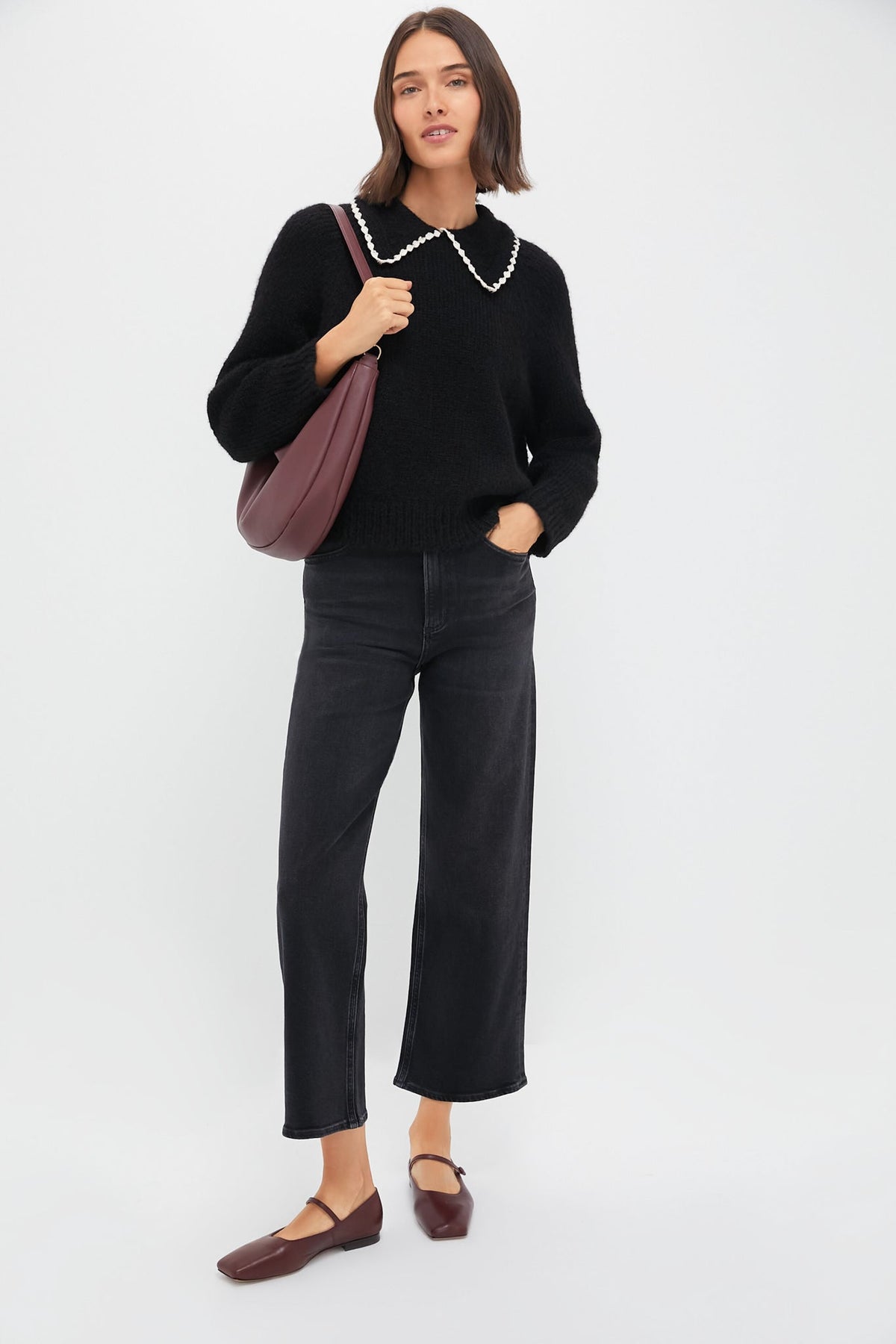 Black with Soft White Crochet Collar Pullover