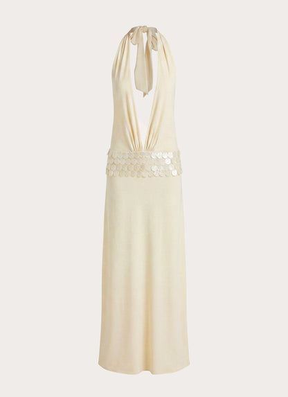 Kolisa Beaded Halter Maxi Dress - Cream
