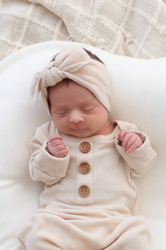 Oatmeal Bamboo Waffle Newborn Baby Knot Gown & Hat Set