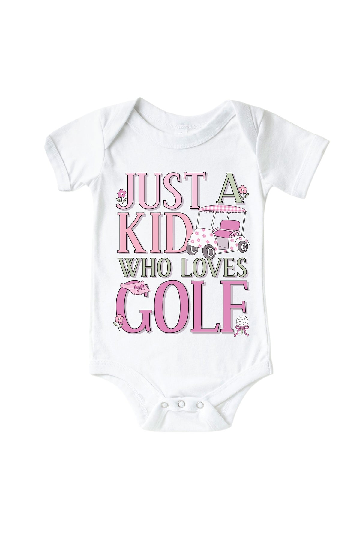 A Kid With Golf Love Pink Graphic Bodysuit & Kids Tee | White