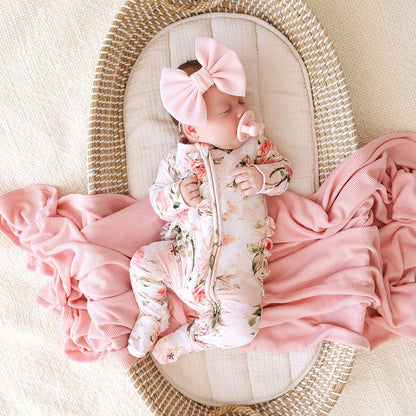 Vintage Pink Rose Footie Ruffled Zippered One Piece