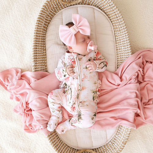 Vintage Pink Rose Footie Ruffled Zippered One Piece