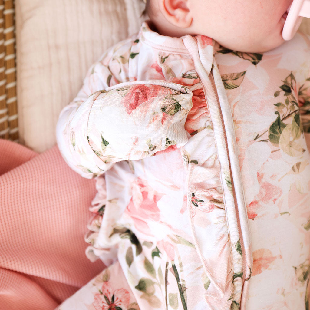 Vintage Pink Rose Footie Ruffled Zippered One Piece
