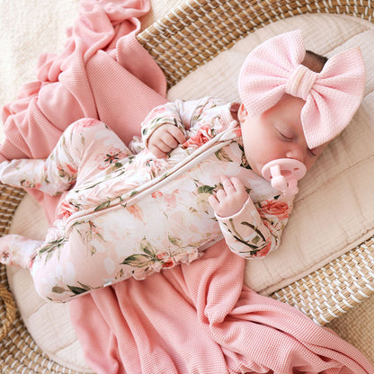Vintage Pink Rose Footie Ruffled Zippered One Piece