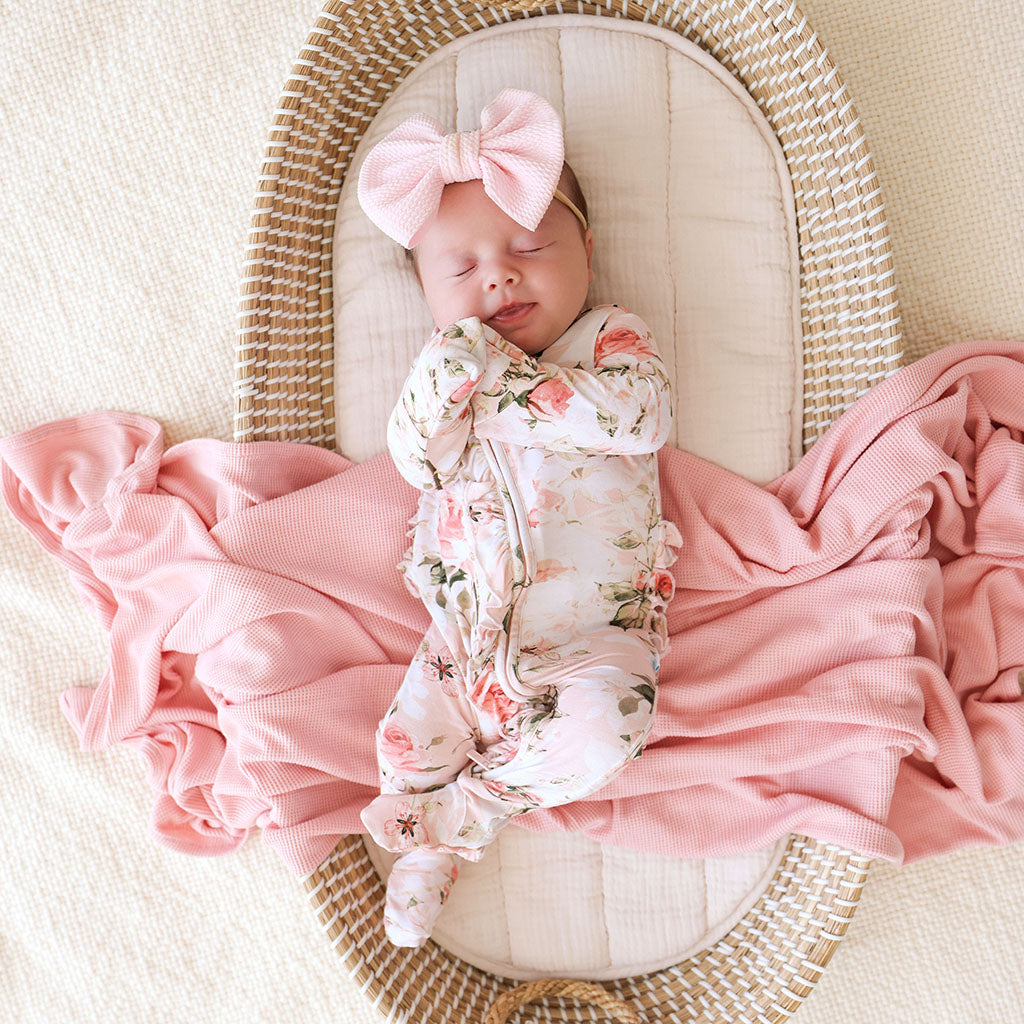Vintage Pink Rose Footie Ruffled Zippered One Piece