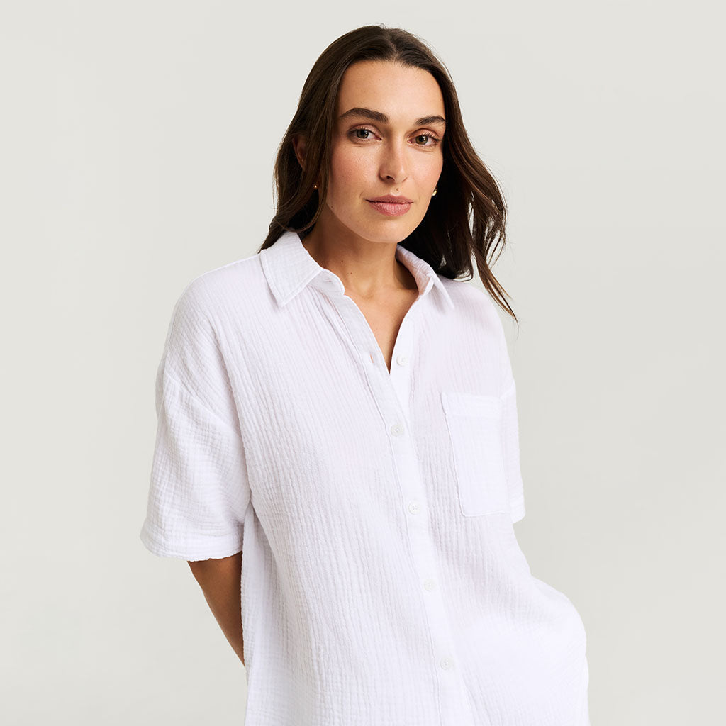 Women's White Cotton Crinkle Short Set