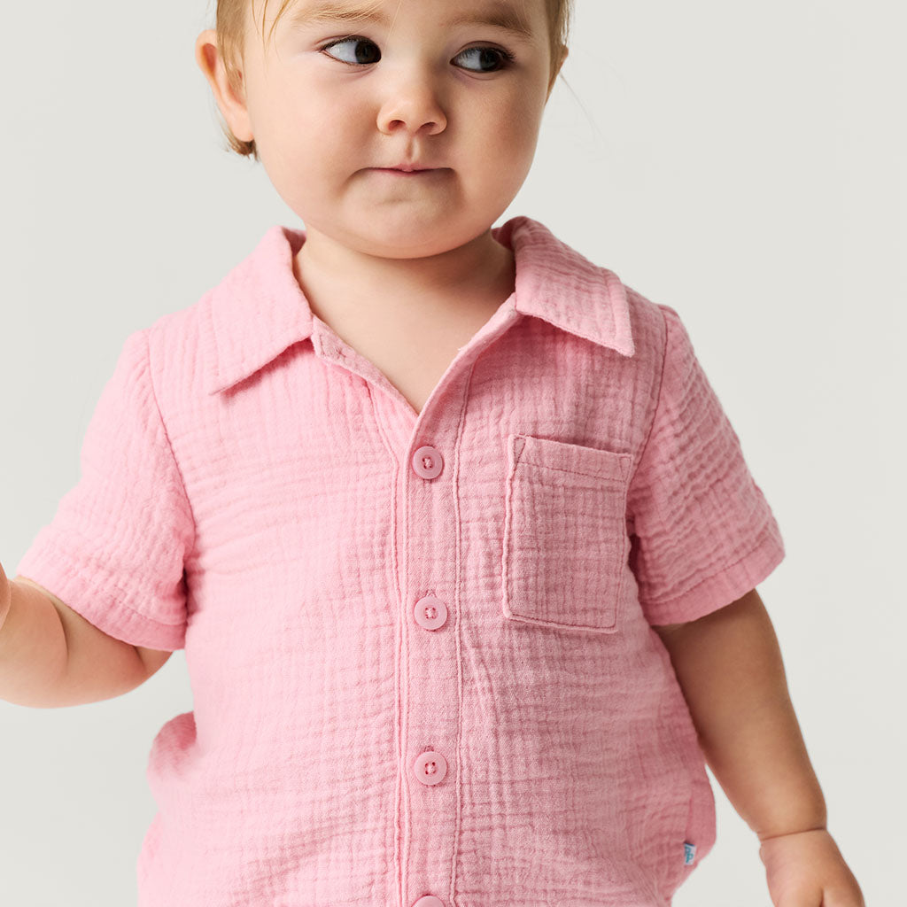 Happy Pink Cotton Crinkle Button Down Short Set
