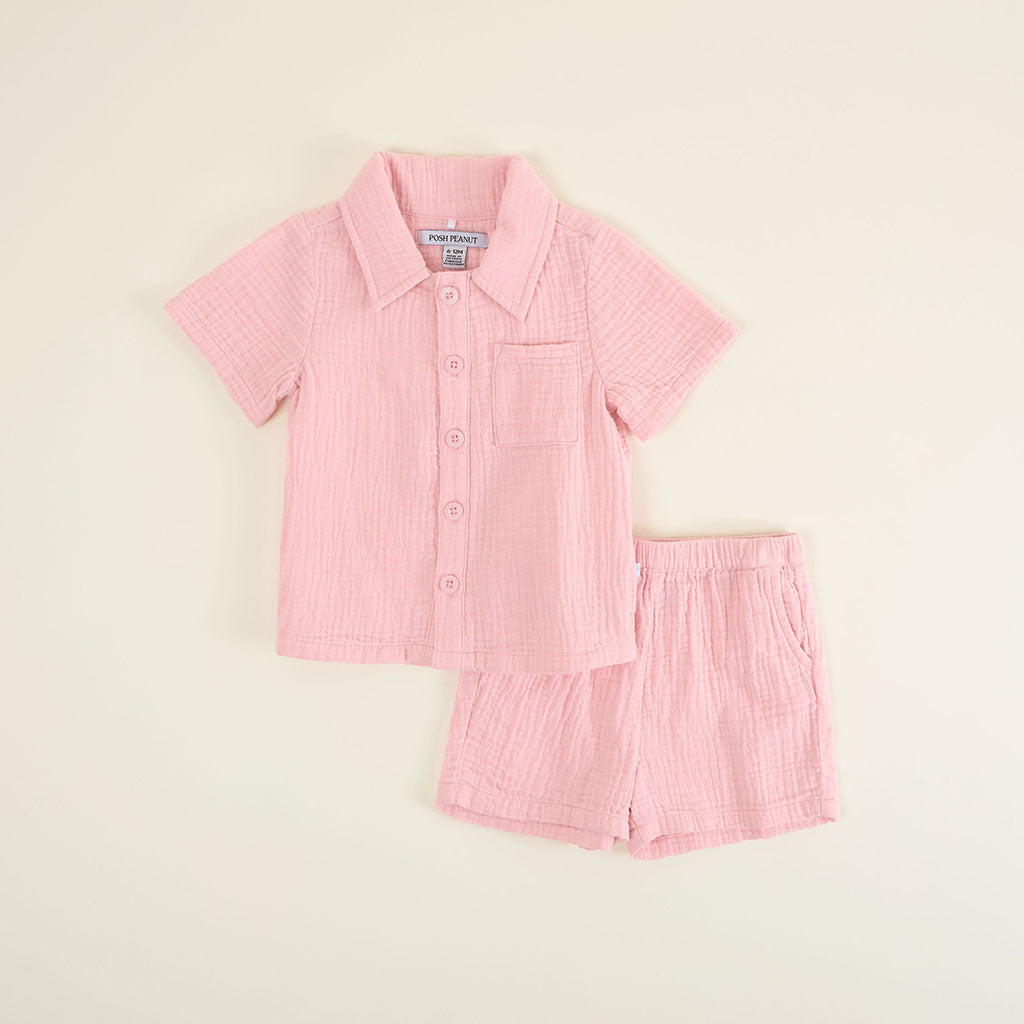 Happy Pink Cotton Crinkle Button Down Short Set
