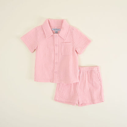 Happy Pink Cotton Crinkle Button Down Short Set