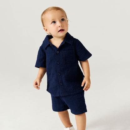 Varsity Navy Cotton Crinkle Button Down Short Set