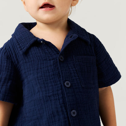 Varsity Navy Cotton Crinkle Button Down Short Set