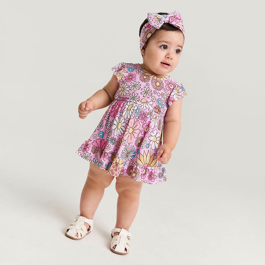 Presley Pink Tie Back Ruffled Bodysuit Dress