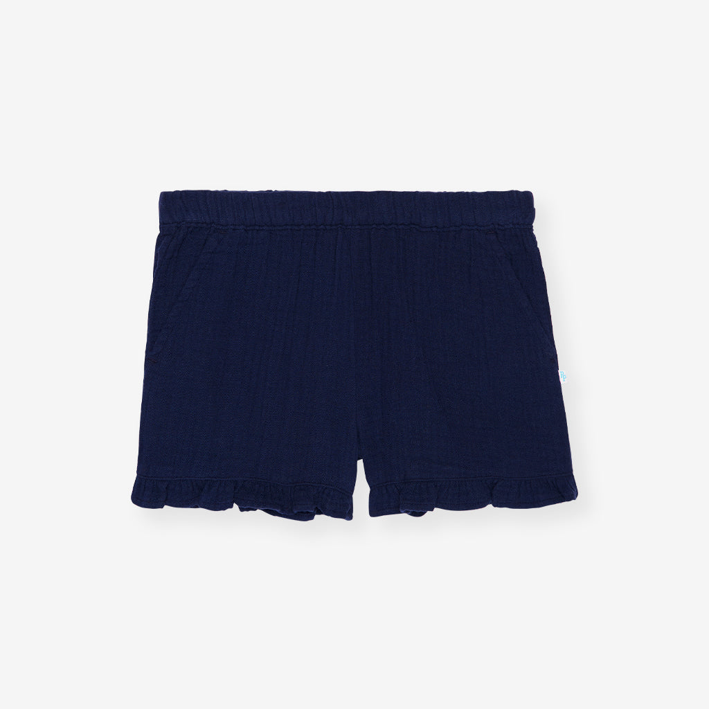 Varsity Navy Cotton Crinkle Ruffled Shorts