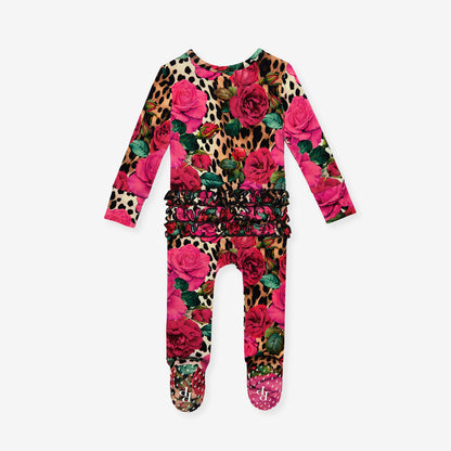 Wild Roses Footie Ruffled Zippered One Piece