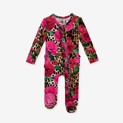 Wild Roses Footie Ruffled Zippered One Piece